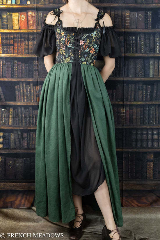 Black Botanical and Green Linen Renaissance Corset Dress – French
