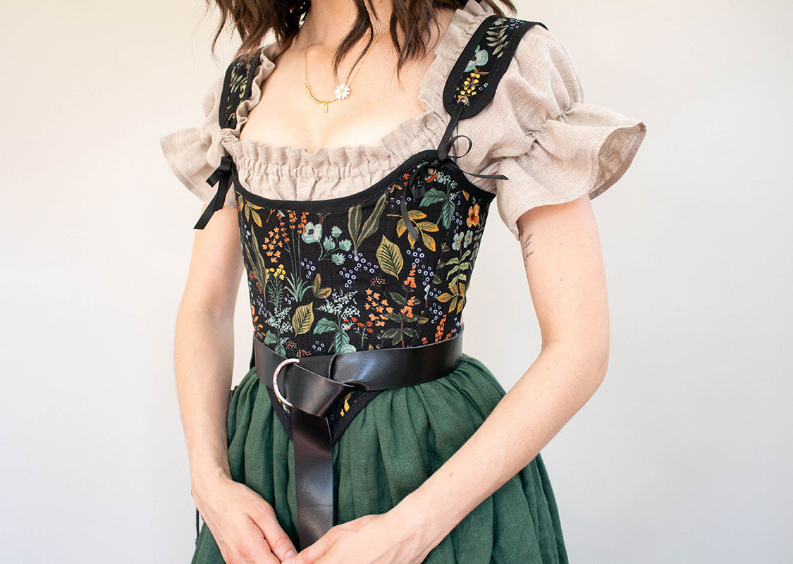 Black Botanical and Green Linen Renaissance Corset Dress – French Meadows
