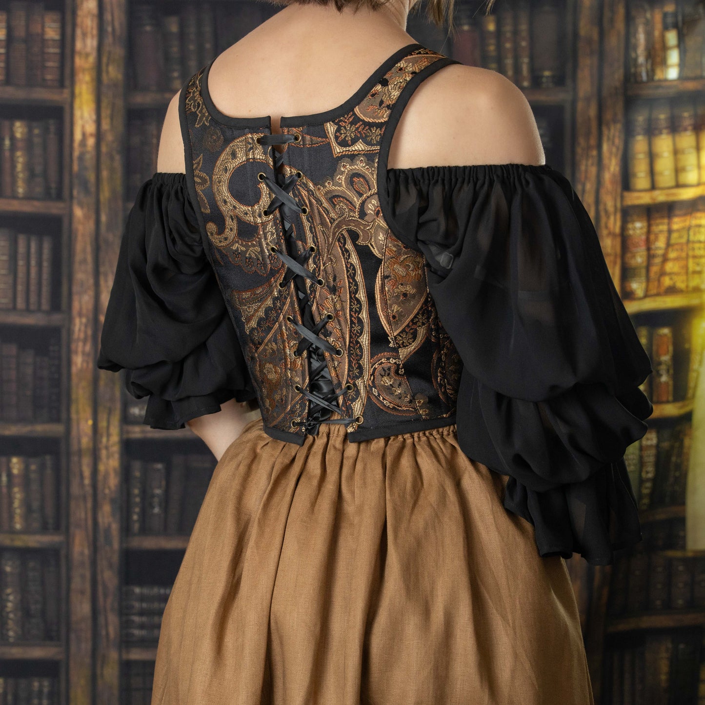 Black and Gold Paisley High Back Corset Bodice