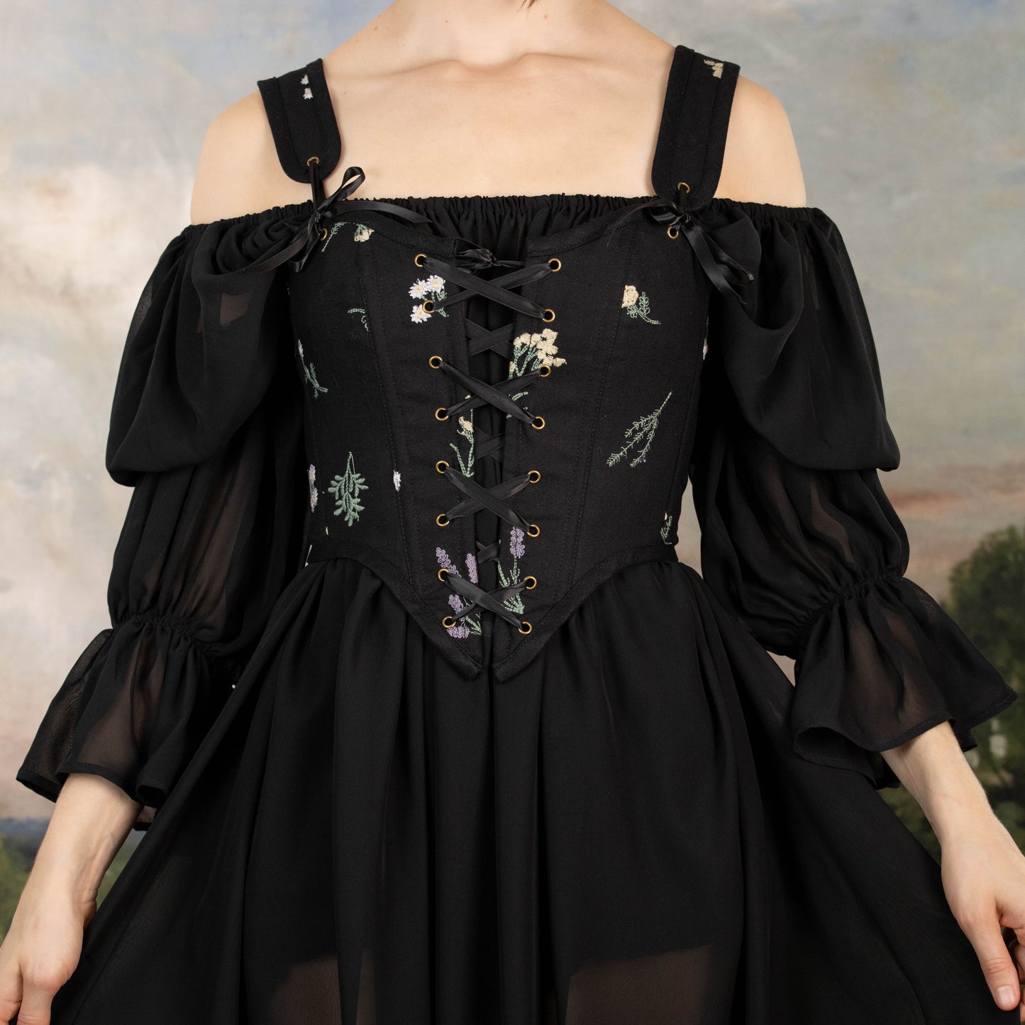 close up view of black chiffon nightgown