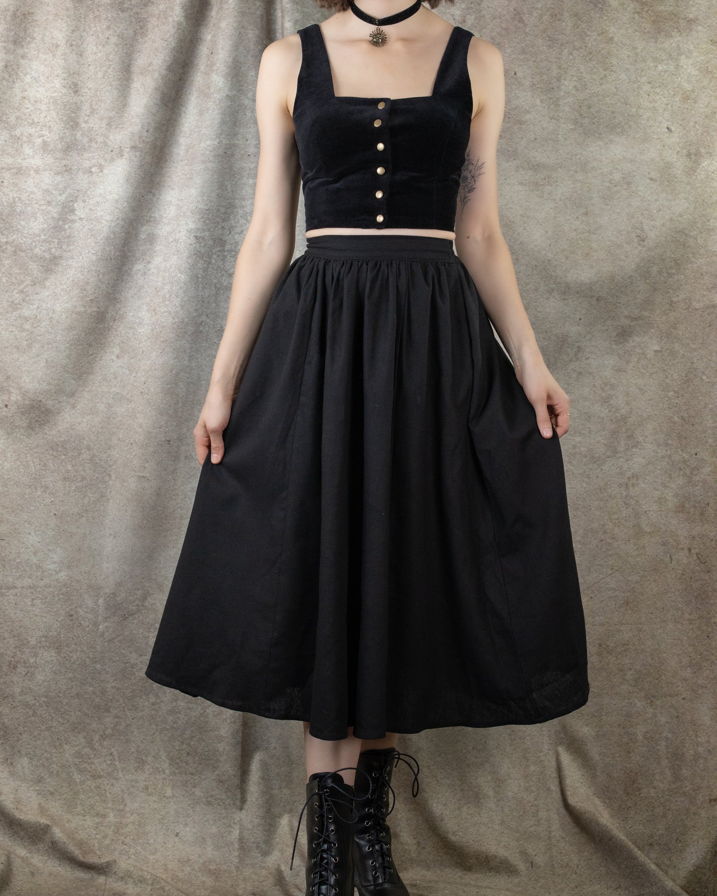 Black Cotton Midi Skirt