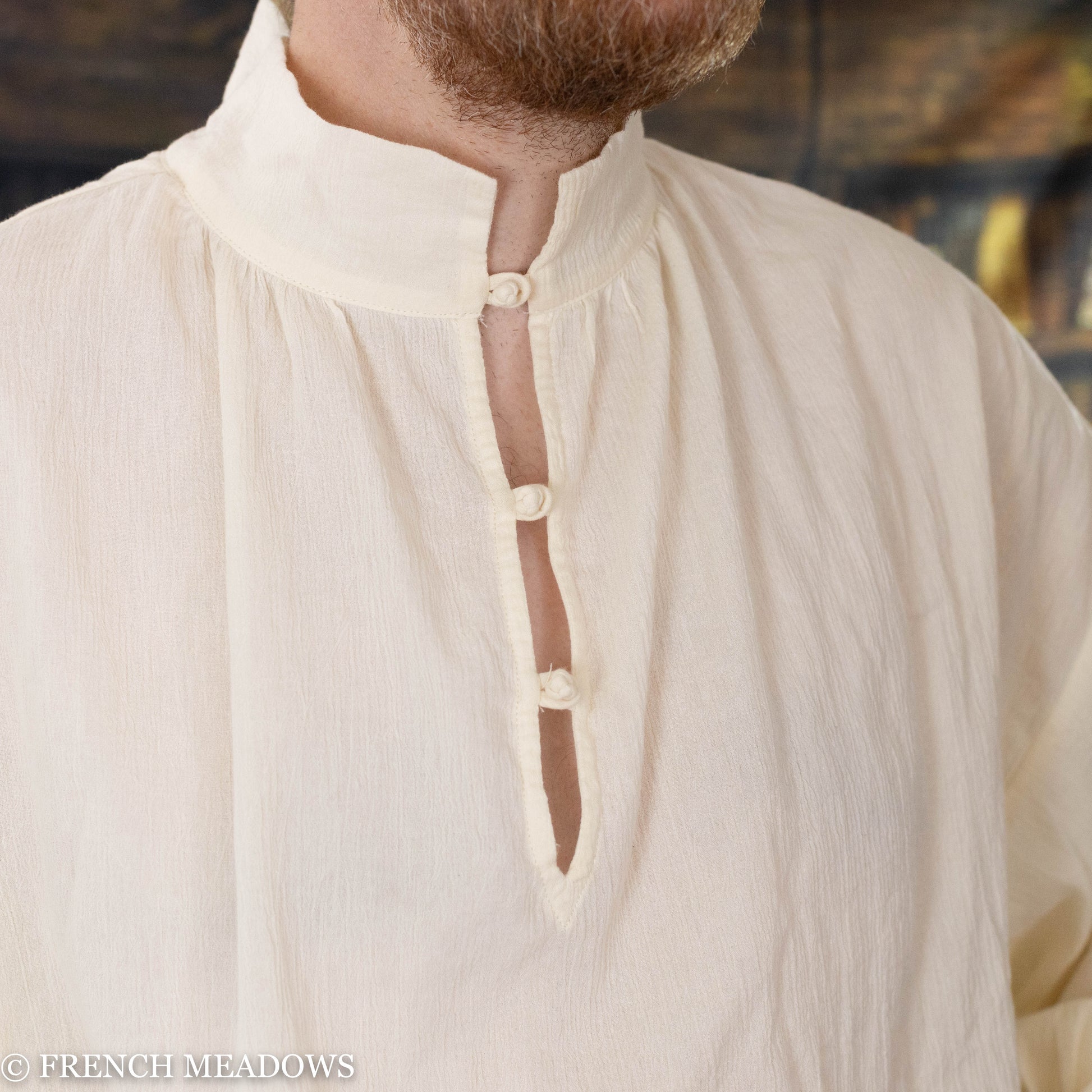 neckline detail on mens white tunic shirt