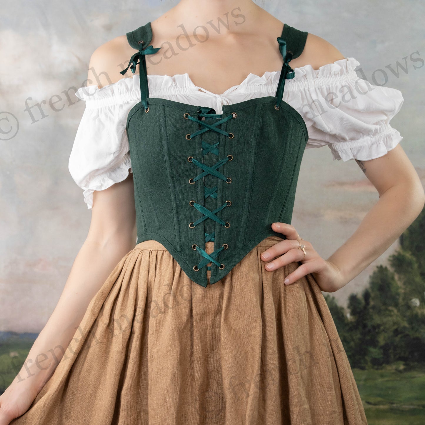 Evergreen Linen High Back Corset Bodice