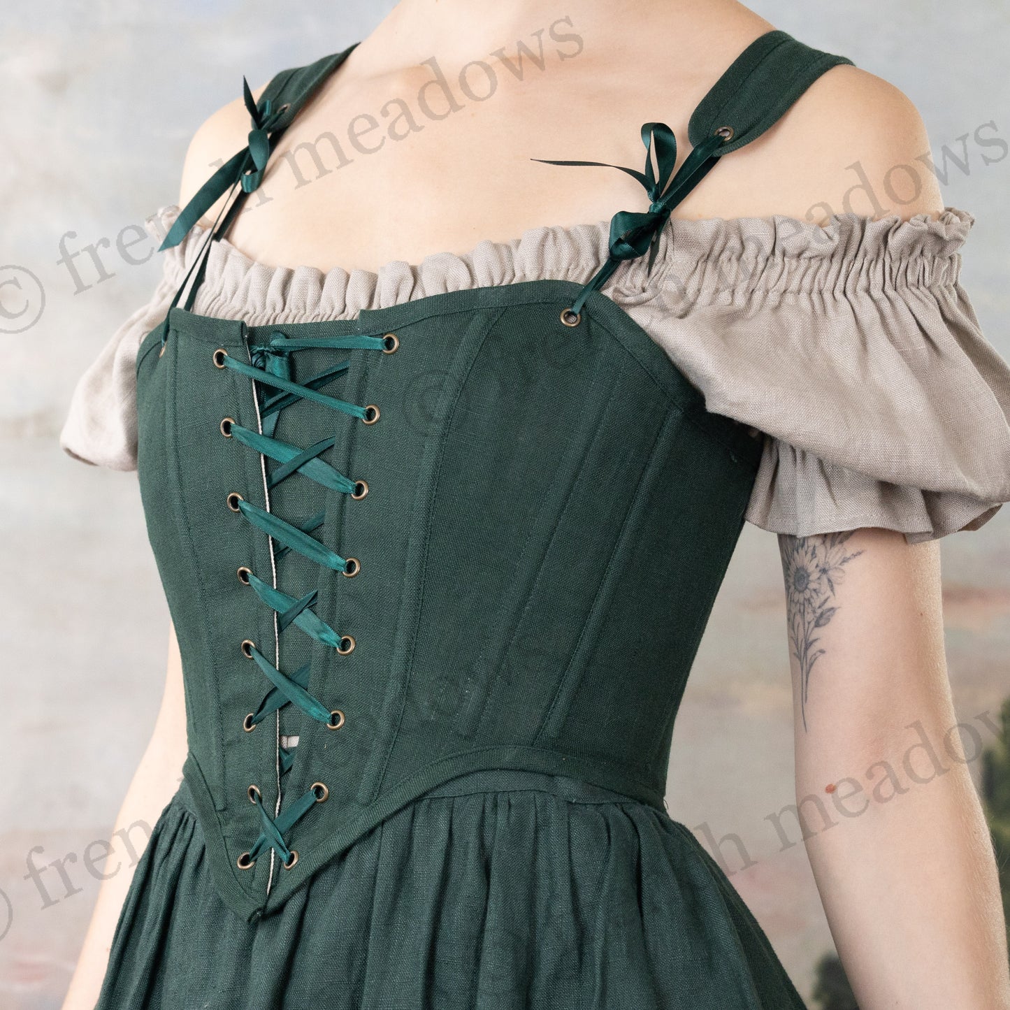 Evergreen Linen High Back Corset Bodice