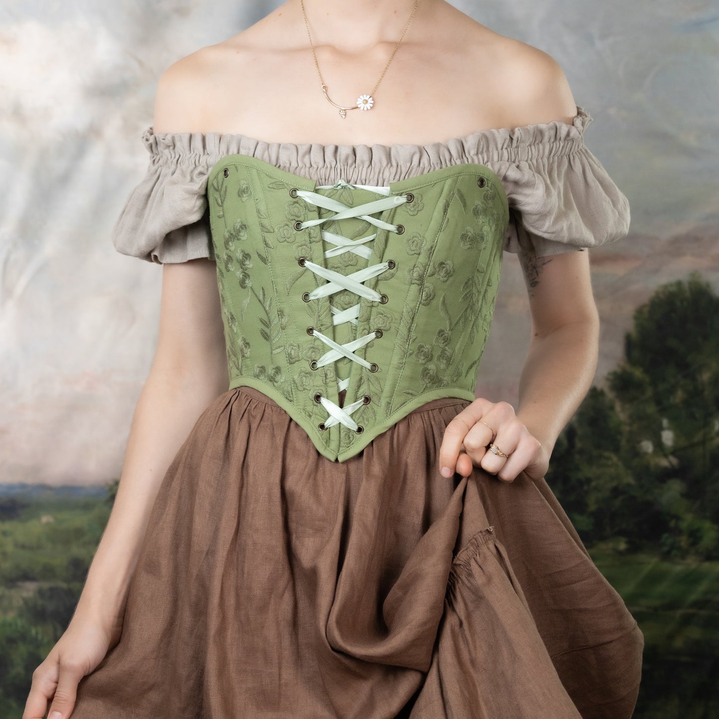 Moss Green Embroidered Floral Corset Top