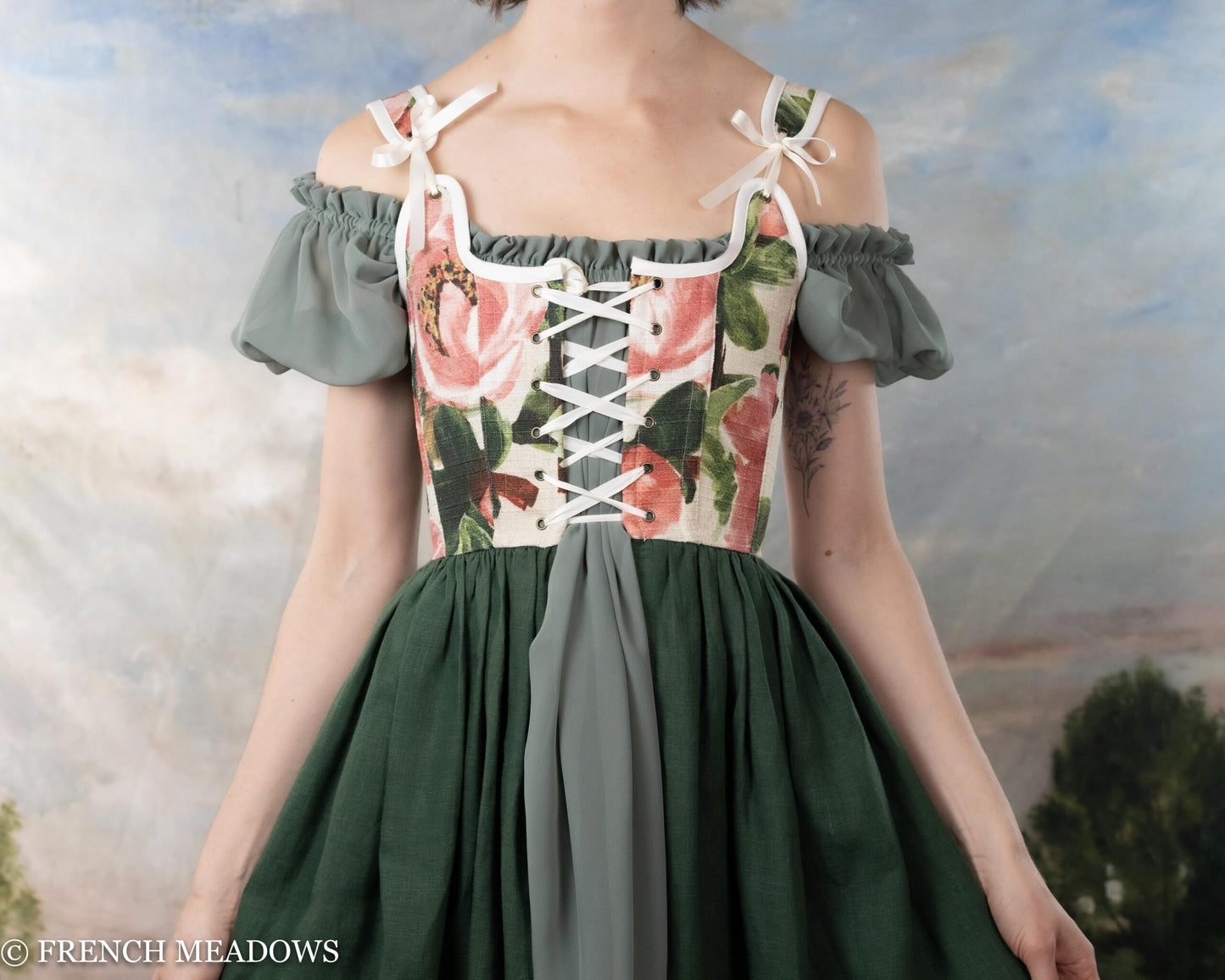 Pink Floral and Green Linen Renaissance Corset Dress – French Meadows