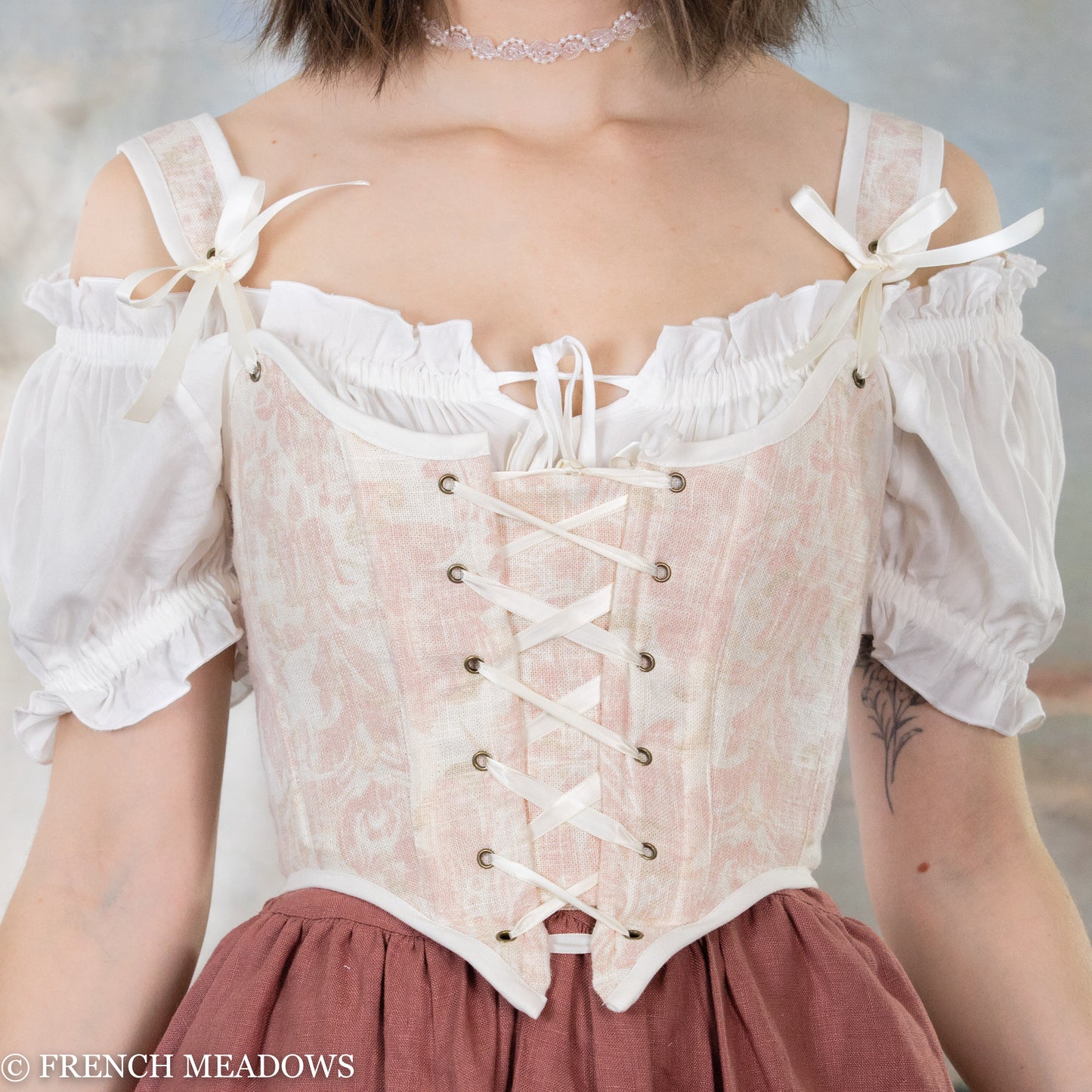 Grey Cotton Corset With Contrast Pink Flossing Embroidery And Lace Ribbon  Slot Trim By Fitu Corsets