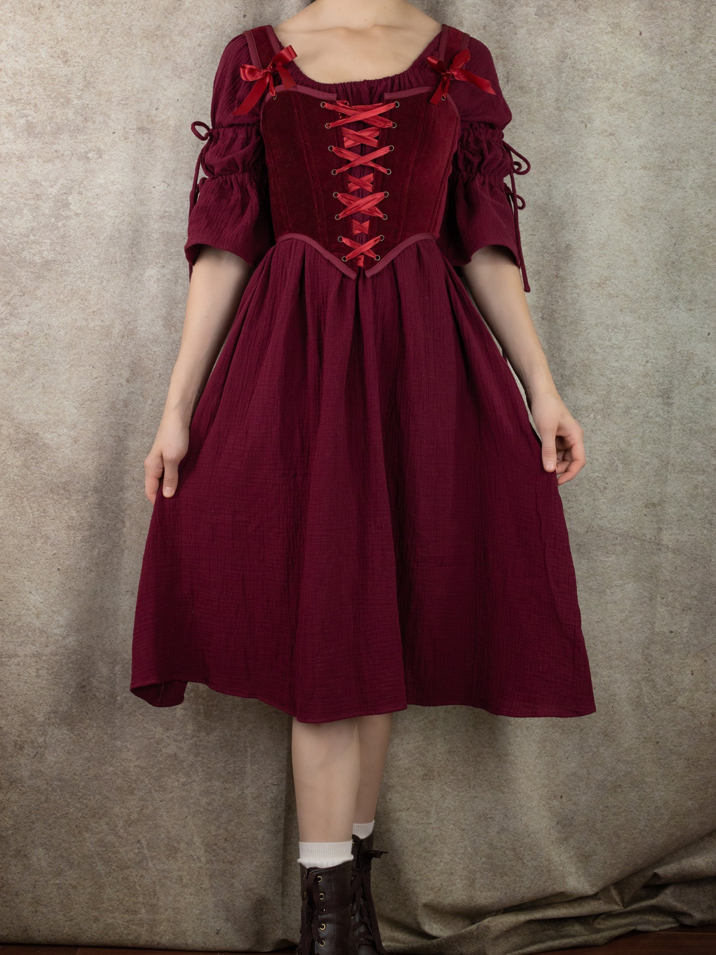 Dark Red Cotton Puff Sleeve Chemise