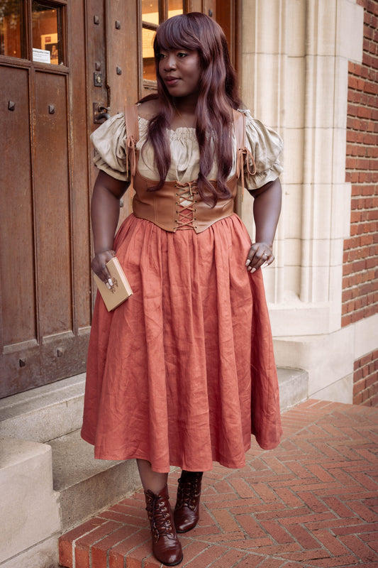 Persimmon Orange Linen Midi Skirt