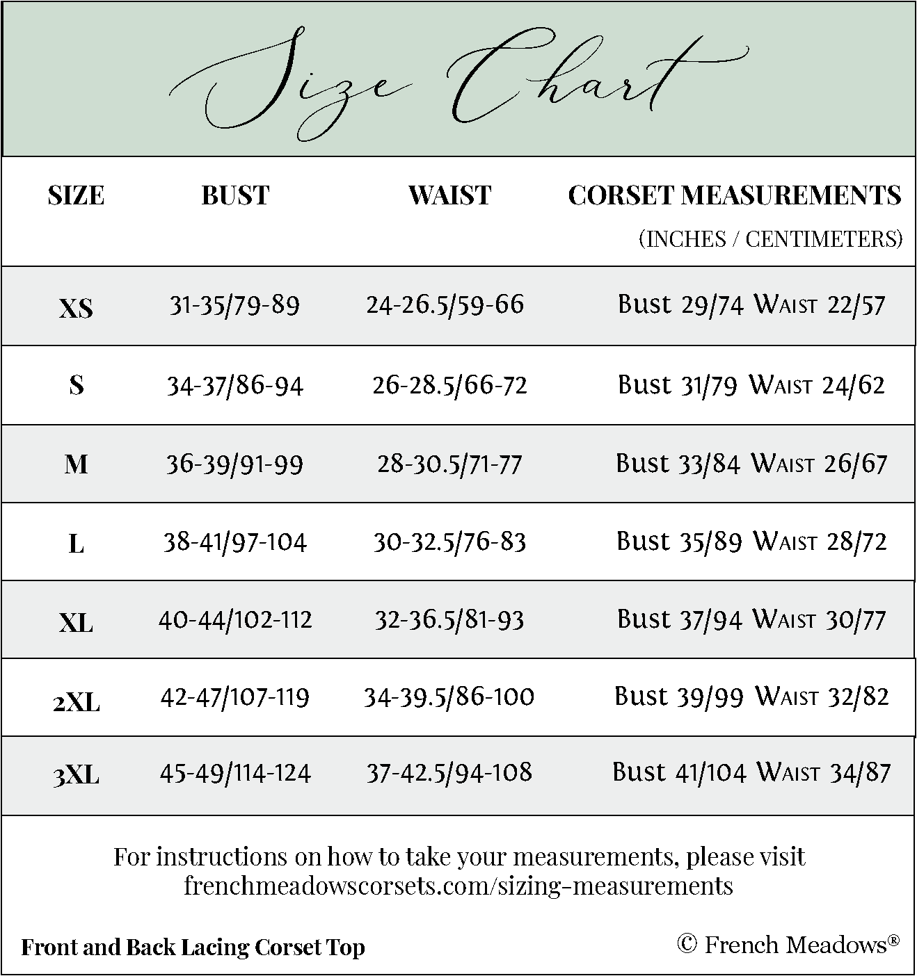 size chart for front and back lacing corset top shows XS to 3X size range