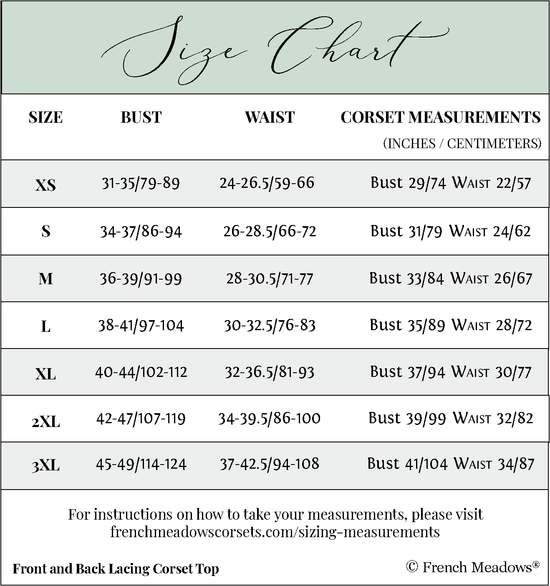 size chart for front and back lacing corset top shows XS to 3X size range